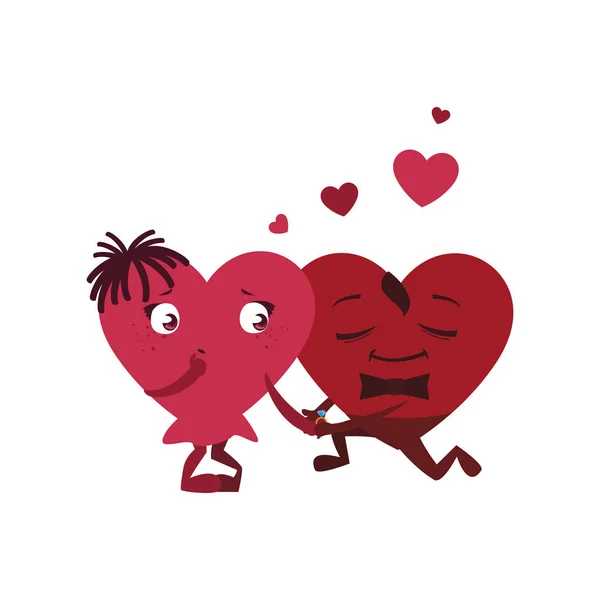 Pareja corazones kawaii caracteres — Vector de stock