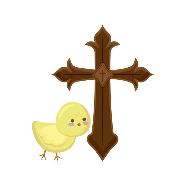 Kruis katholieke met schattige kip geïsoleerde pictogram — Stockvector