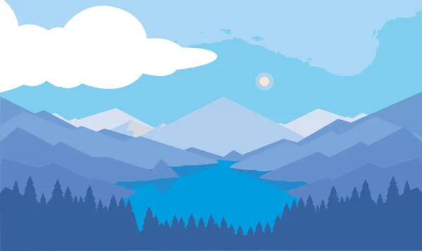 Montañas con bosque y paisaje de nieve de río — Vector de stock