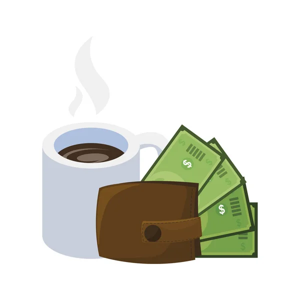 Wallet with bills dollars and coffee cup — Stock Vector