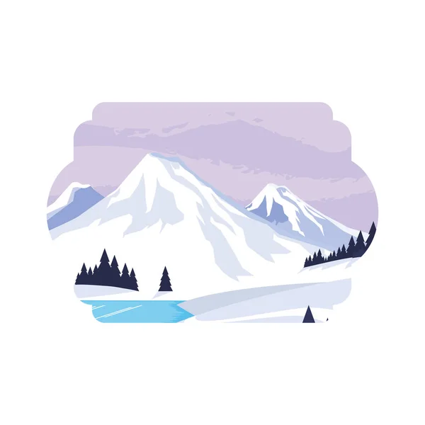 Montañas con pinos del bosque paisaje de nieve escena — Vector de stock