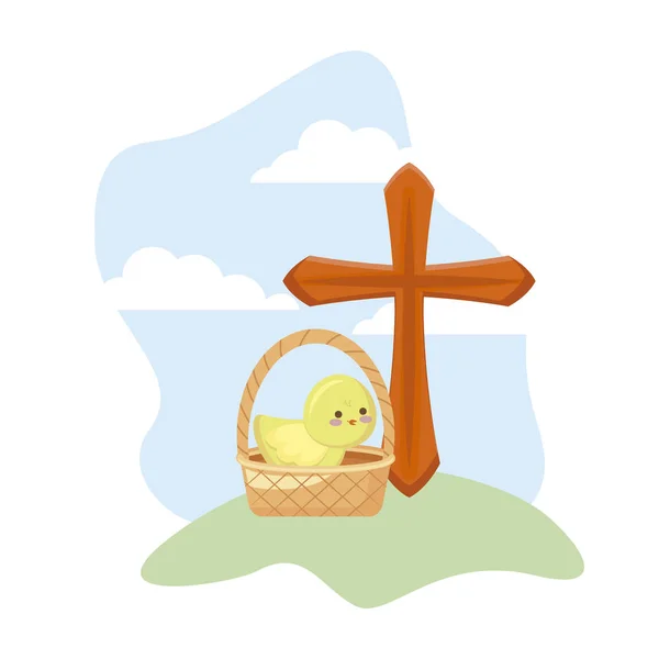 Cross catholic with cute chicken in basket wicker — Stock Vector