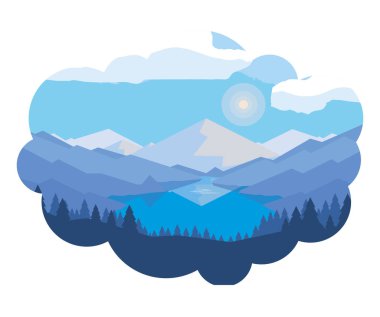 Orman ve nehir çimen sahne ile Dağları