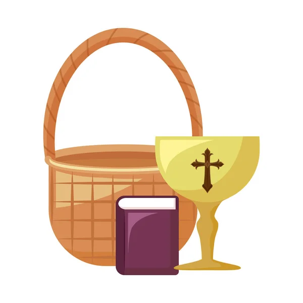 Chalice sacred with holy bible and basket wicker — Stock Vector