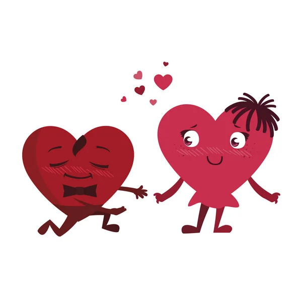 Pareja corazones kawaii caracteres — Vector de stock