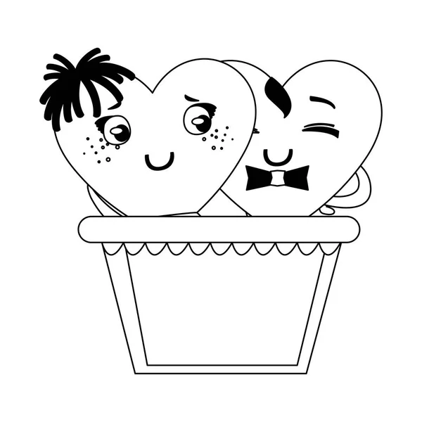 Δυο καρδιές στο μπαλόνι καλάθι kawaii χαρακτήρες — Διανυσματικό Αρχείο