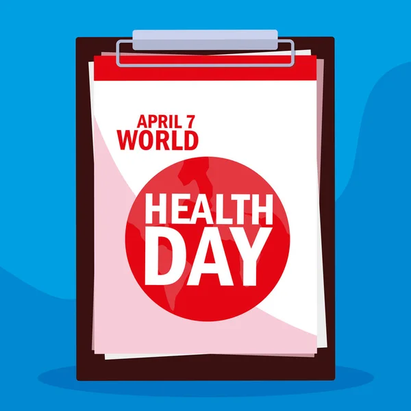 Karte zum Weltgesundheitstag mit Klemmbrett und eingestellten Symbolen — Stockvektor