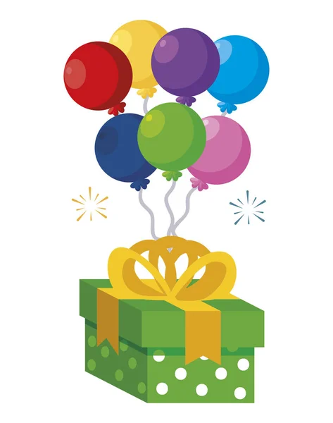 Gift box present with balloons helium — Stock Vector