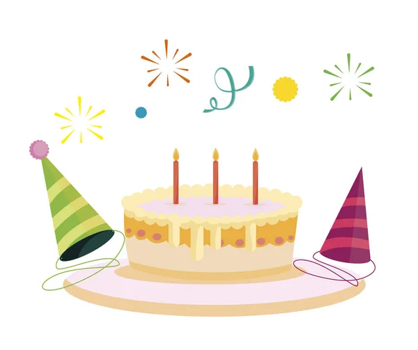 Sweet cake birthday with party hats — Stock Vector