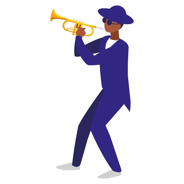 Černý zpěvák jazzu s kloboukem a sluneční brýle hrající trumpeta — Stockový vektor