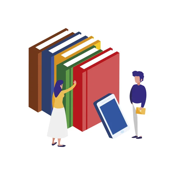 Pilha de livros de texto com smartphone e mini-pessoas —  Vetores de Stock