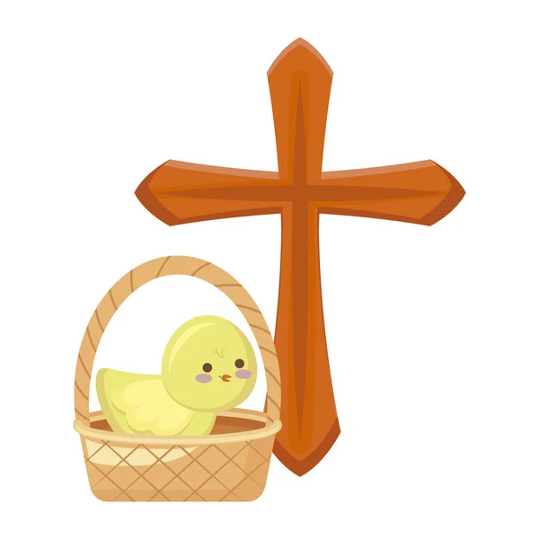 Cross catholic with cute chicken in basket wicker — Stock Vector