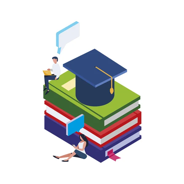 Libros de texto de pila con la graduación sombrero y minipeople — Vector de stock