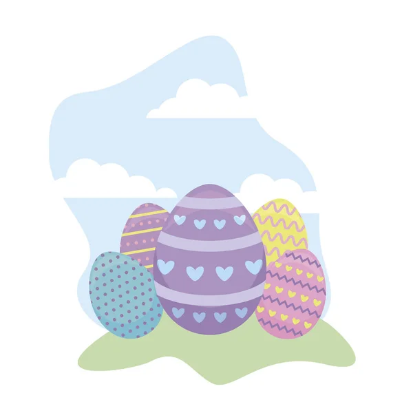 Conjunto de huevos decorados Pascua en la hierba — Vector de stock