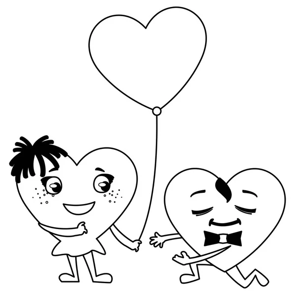 Pareja corazones con globos helio kawaii caracteres — Archivo Imágenes Vectoriales