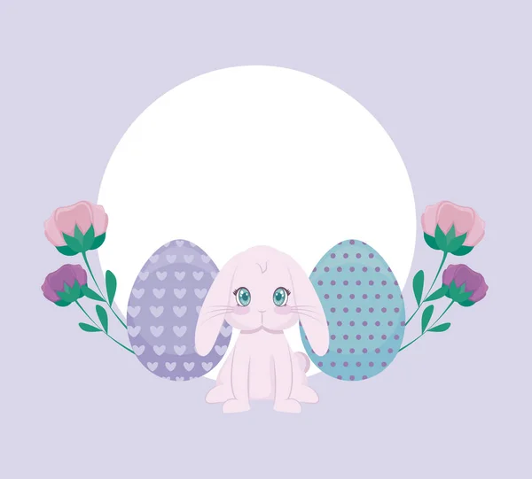 Lindo conejo con huevos de Pascua y flores — Archivo Imágenes Vectoriales