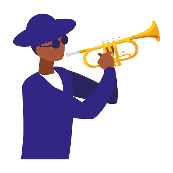 Black musician jazz com chapéu e óculos de sol tocando trompete — Vetor de Stock
