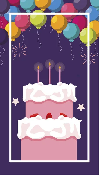 Sweet cake birthday with balloons helium — Stock Vector