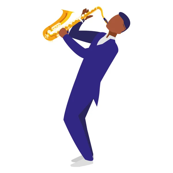 Nero musicista jazz suonare sassofono personaggio — Vettoriale Stock