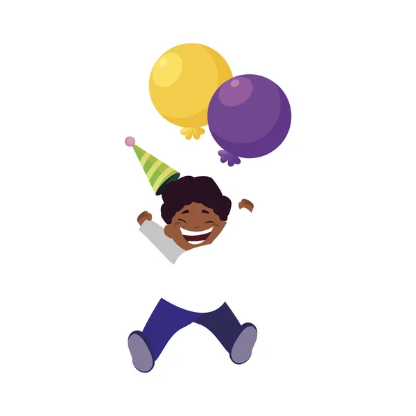 Schattige gelukkige jongen met verjaardag ballonnen helium — Stockvector