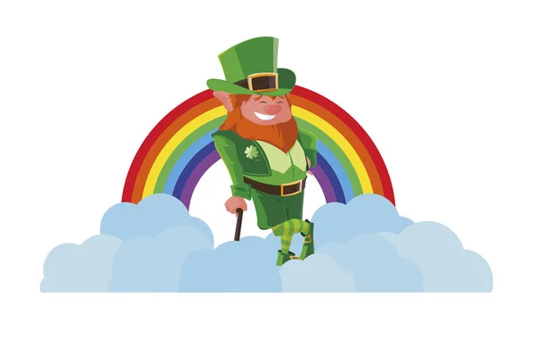 Saint patrick lemprechaun avec canne et arc-en-ciel — Image vectorielle