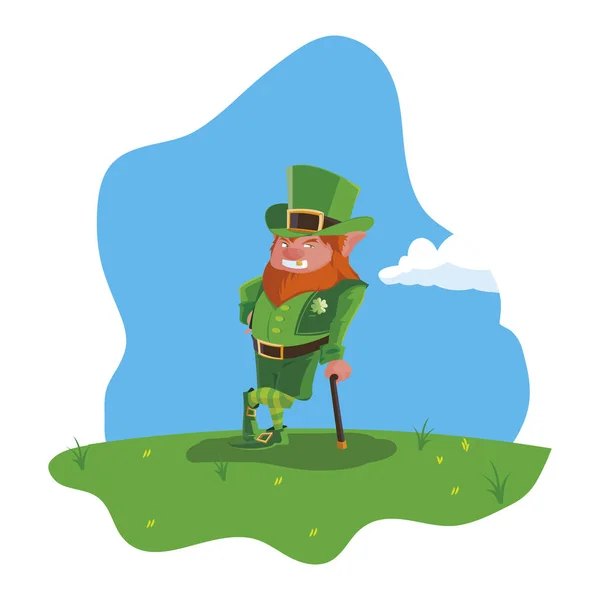 Saint patrick lemprechaun mit stock im feld — Stockvektor