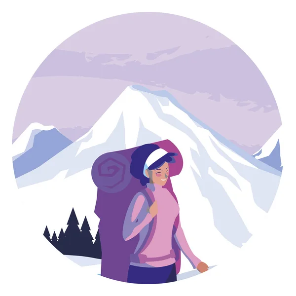 Приключенческая женщина с дорожной сумкой в снегу — стоковый вектор
