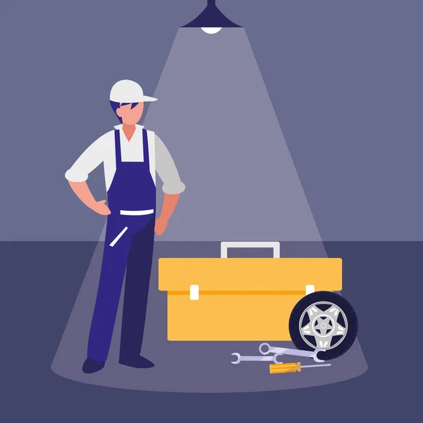 Trabajador mecánico con neumático coche y caja de herramientas — Archivo Imágenes Vectoriales