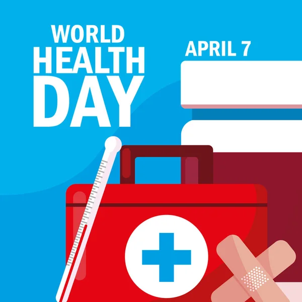 Cartão de dia mundial de saúde com kit de primeiros socorros —  Vetores de Stock