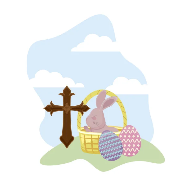 Conejo con huevos de pascua y mimbre canasta — Vector de stock