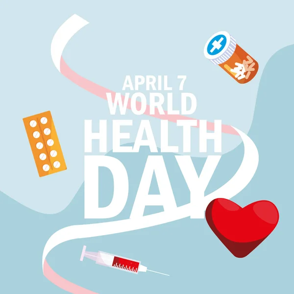 Weltgesundheitstag-Karte mit Flaschenmedikamenten und Symbolen — Stockvektor