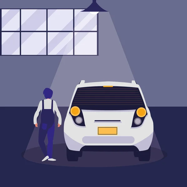 Monteur werknemer met auto in de werkplaats — Stockvector