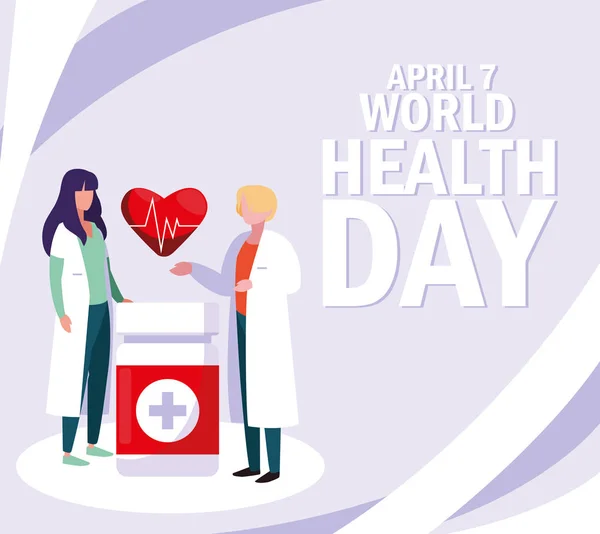Всесвітній день здоров'я з парою лікарів та ікон — стоковий вектор