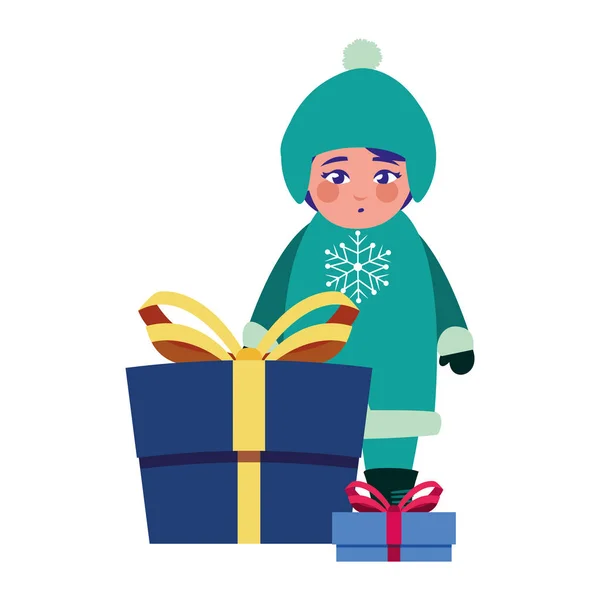 Chica con ropa de invierno y regalos de Navidad — Vector de stock