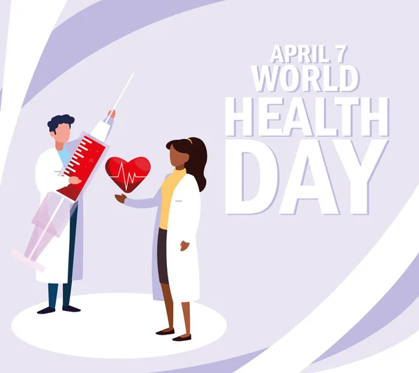 Всесвітній день здоров'я з парою лікарів та ікон — стоковий вектор