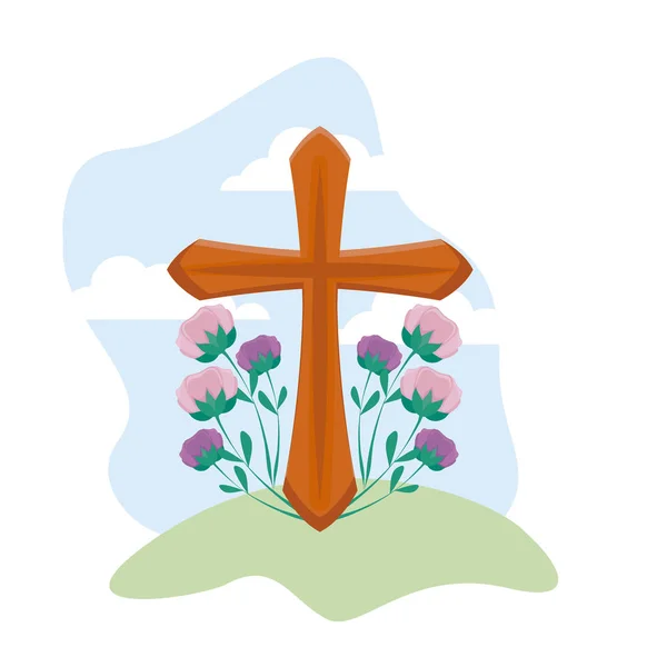 草の花でカトリックのクロス — ストックベクタ