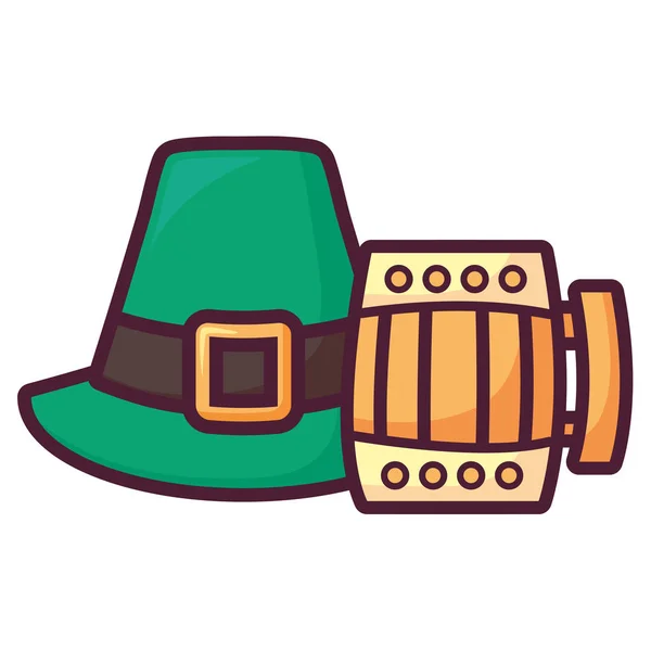 Pot de bière en bois et chapeau irlandais — Image vectorielle