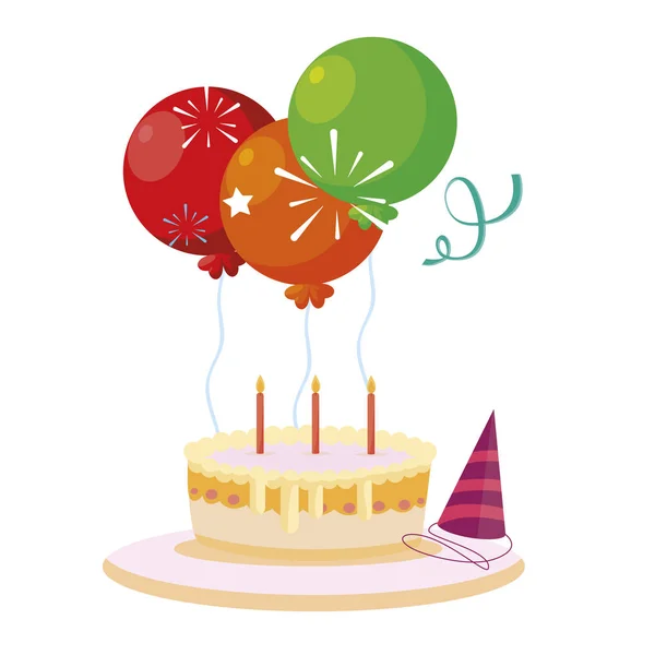 Sweet cake birthday with balloons helium — Stock Vector