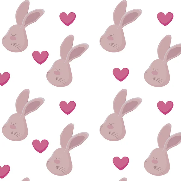 Pattern of heads rabbits with hearts — Stock Vector