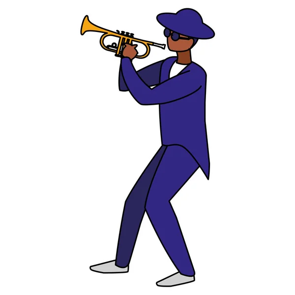 Svart musiker jazz med hatt och solglasögon som spelar trumpet — Stock vektor