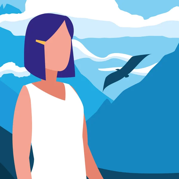 Jeune femme en montagne paysage scène — Image vectorielle
