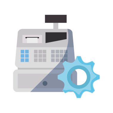 Yazar kasa ve beyaz arka plan üzerinde dişli