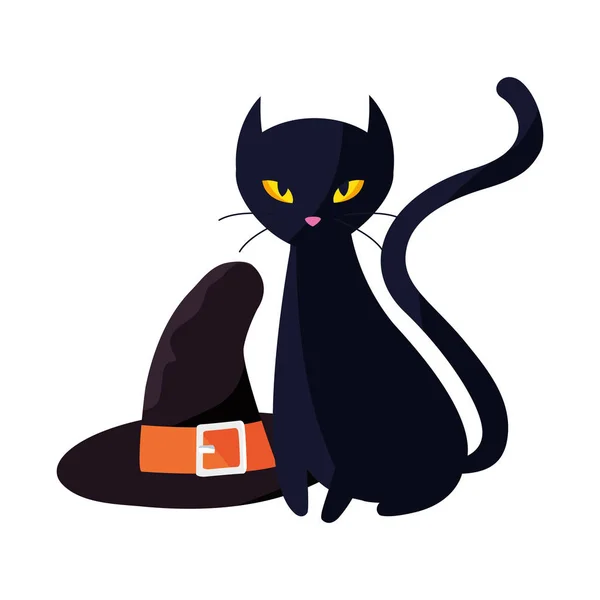 Schwarze Katze halloween und Hexenhut — Stockvektor
