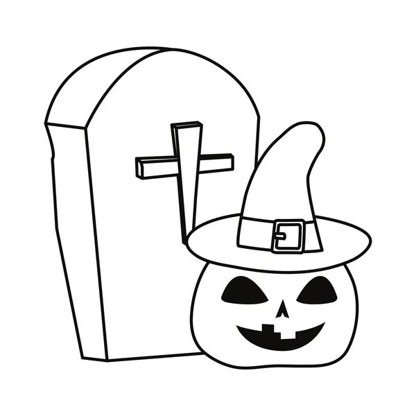 Lápida de Halloween y calabaza — Vector de stock