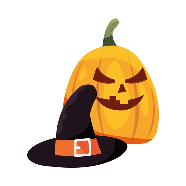 Calabazas de halloween y traje de sombrero — Vector de stock