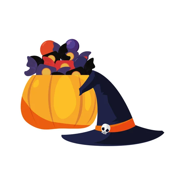 Halloween pumpkins and hat costume — Stock Vector