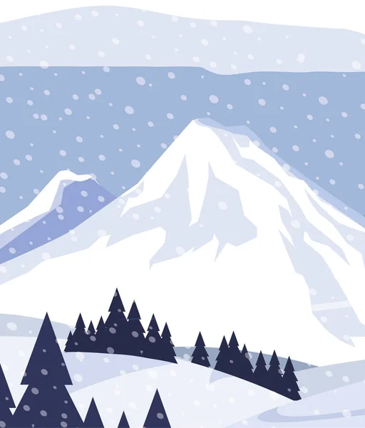 Montanhas com pinheiros florestais cena de neve — Vetor de Stock