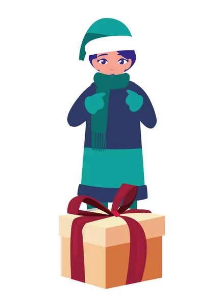 Menino com roupas de inverno e presentes de Natal — Vetor de Stock