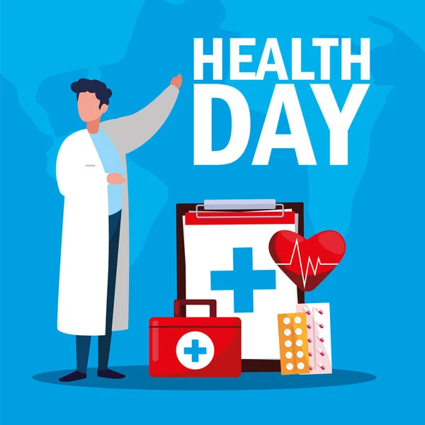 Tarjeta del día de la salud mundial con el hombre médico y los iconos — Archivo Imágenes Vectoriales