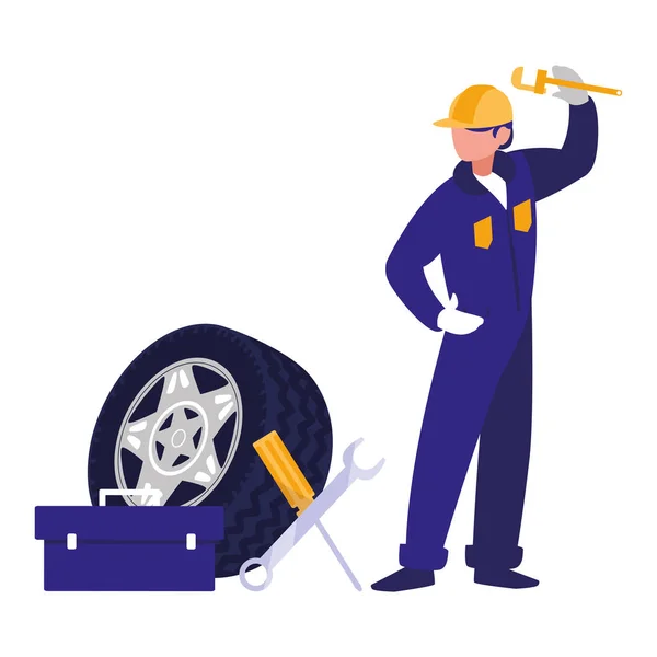 Mechanic worker with tire car and tools — Stock Vector